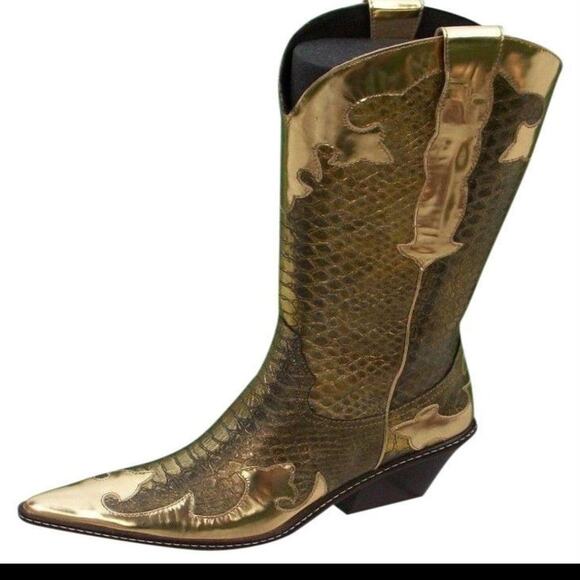 Donald Pliner Western Metallic Pitone Snake Leather Boot Shoe New $695 Gold NWT